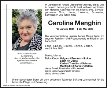 Traueranzeigen Von Carolina Menghin Trauer Bz