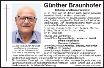 Traueranzeigen von Günther Braunhofer Trauer bz