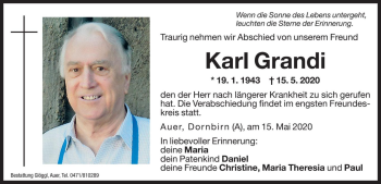 Traueranzeige von Karl Grandi von Dolomiten