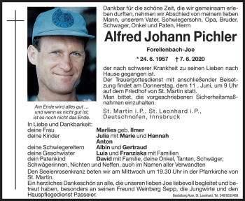 Traueranzeigen Von Alfred Johann Pichler Trauer Bz