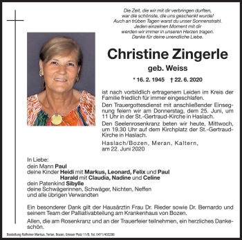 Traueranzeigen Von Christine Zingerle Trauer Bz