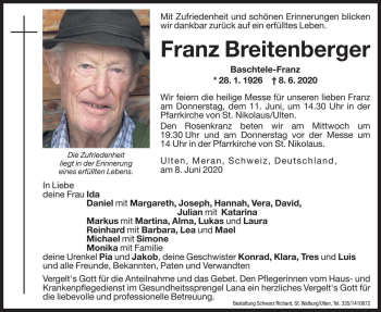 Traueranzeigen Von Franz Breitenberger Trauer Bz