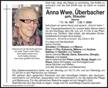 Traueranzeigen von Anna Überbacher Trauer bz