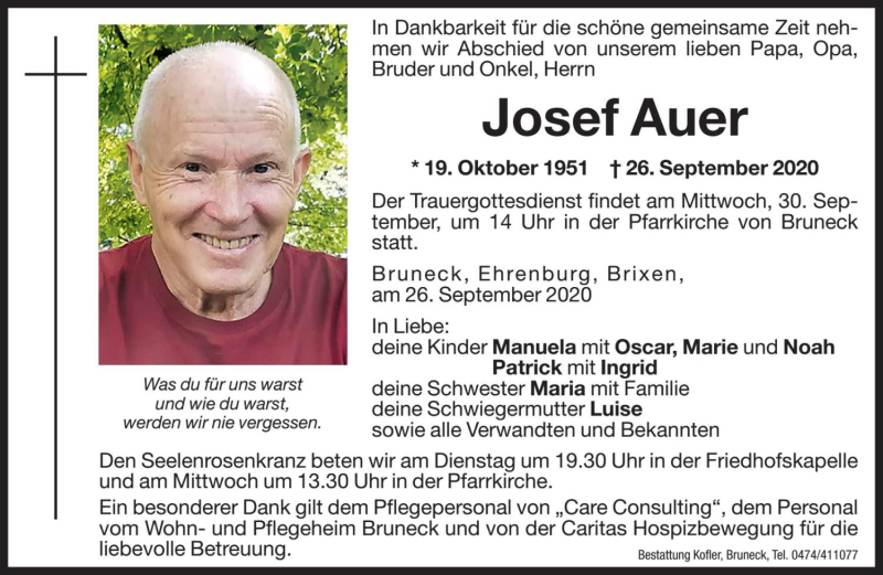 Traueranzeigen Von Josef Auer Trauer Bz