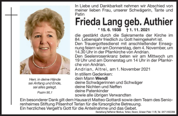 Traueranzeigen Von Frieda Lang Trauer Bz