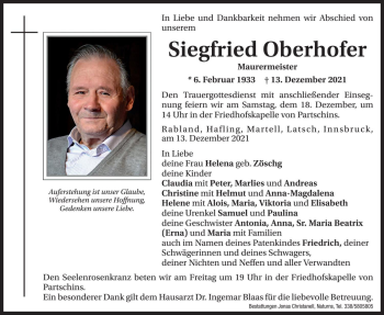 Traueranzeigen Von Siegfried Oberhofer Trauer Bz