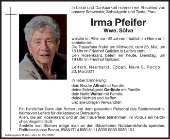 Traueranzeigen von Irma Sölva Trauer bz