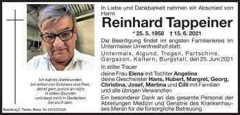 Traueranzeigen Von Reinhard Tappeiner Trauer Bz