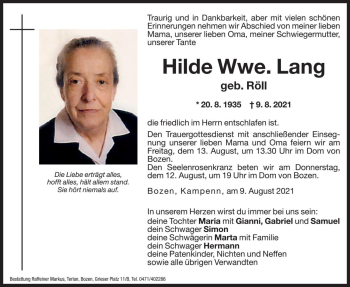 Traueranzeigen Von Hilde Lang Trauer Bz