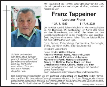 Traueranzeigen Von Franz Tappeiner Trauer Bz