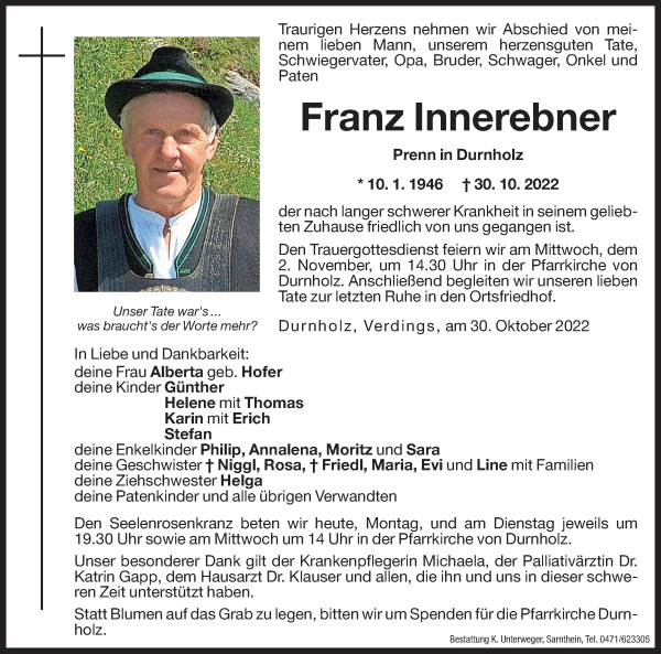 Traueranzeigen Von Franz Innerebner Trauer Bz