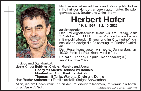 Traueranzeigen Von Herbert Hofer Trauer Bz