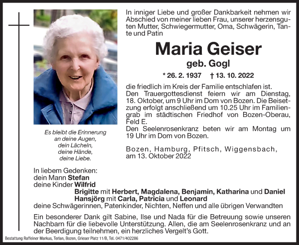 Traueranzeigen Von Maria Geiser Trauer Bz