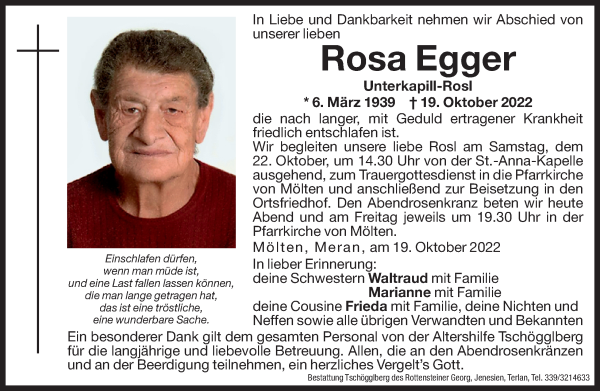 Traueranzeigen Von Rosa Egger Trauer Bz