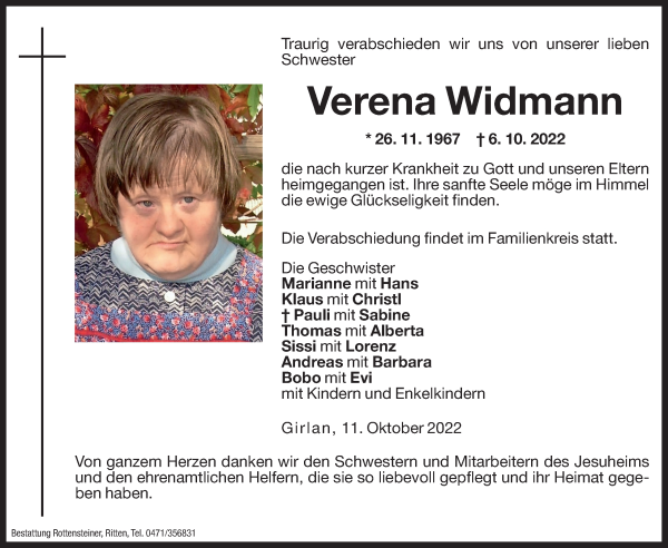 Traueranzeigen Von Verena Widmann Trauer Bz