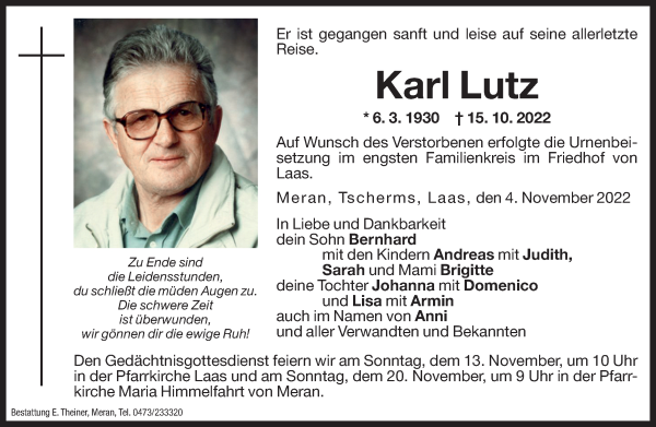 Traueranzeigen Von Karl Lutz Trauer Bz