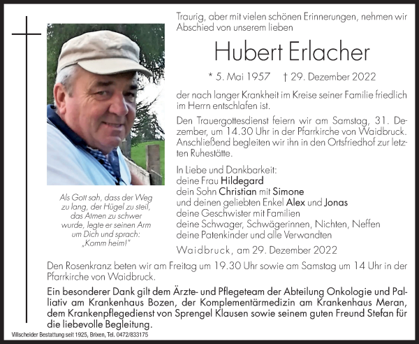 Traueranzeigen Von Hubert Erlacher Trauer Bz