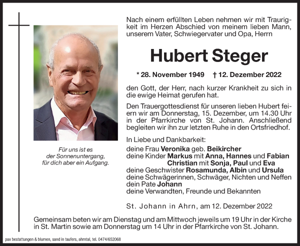 Traueranzeigen Von Hubert Steger Trauer Bz