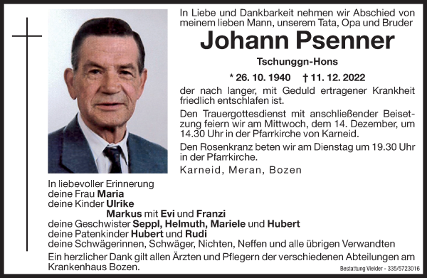 Traueranzeigen Von Johann Psenner Trauer Bz