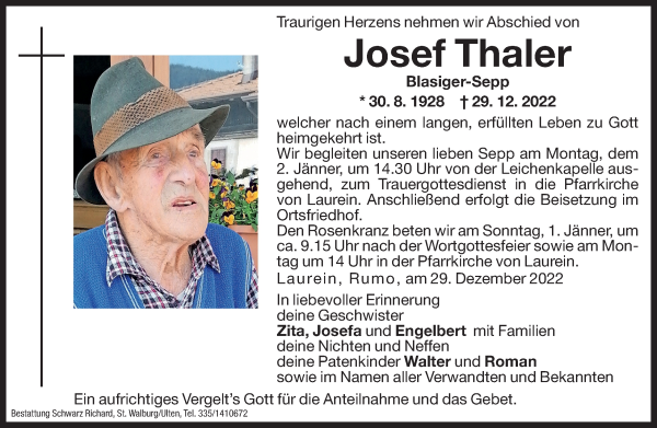 Traueranzeigen Von Josef Thaler Trauer Bz