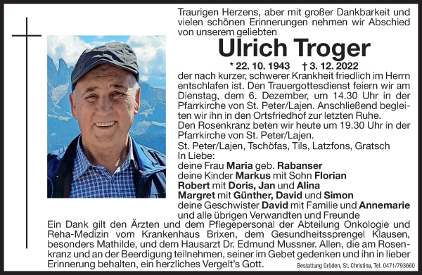 Traueranzeigen Von Ulrich Troger Trauer Bz