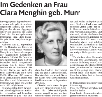 Traueranzeigen Von Clara Menghin Trauer Bz