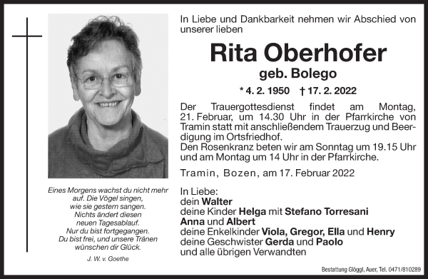 Traueranzeigen Von Rita Oberhofer Trauer Bz