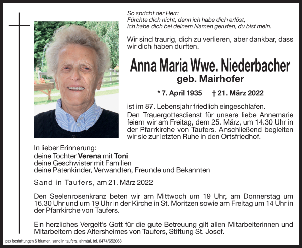 Traueranzeigen Von Anna Maria Niederbacher Trauer Bz