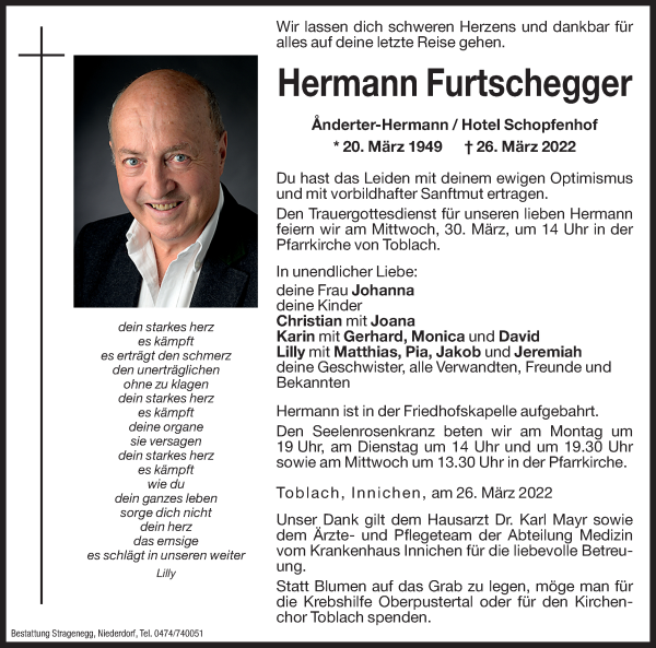 Traueranzeigen Von Hermann Furtschegger Trauer Bz