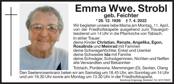 Traueranzeigen Von Emma Strobl Trauer Bz