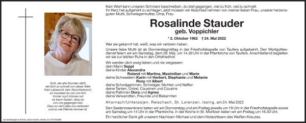 Traueranzeigen Von Rosalinde Stauder Trauer Bz