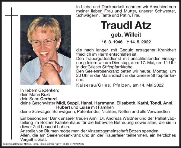 Traueranzeigen Von Traudl Atz Trauer Bz