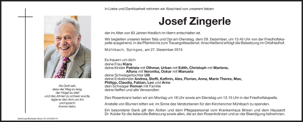 Traueranzeigen Von Josef Zingerle Trauer Bz