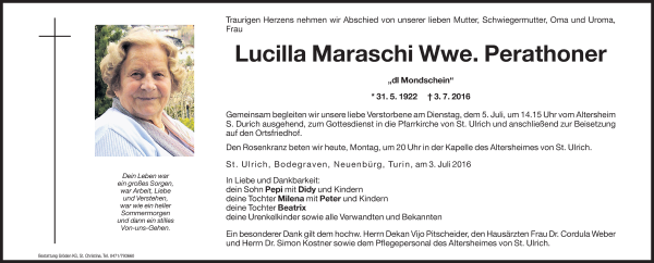 Traueranzeigen Von Lucilla Perathoner Trauer Bz