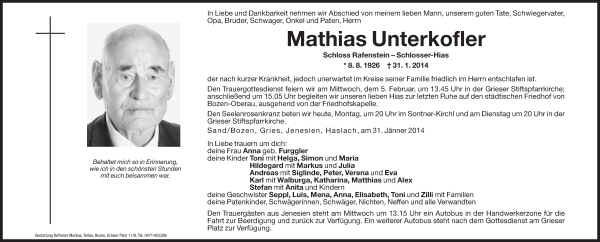 Traueranzeigen Von Mathias Unterkofler Trauer Bz