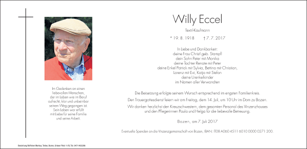 Traueranzeigen Von Willy Eccel Trauer Bz