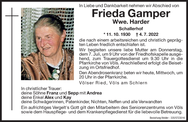 Traueranzeigen Von Frieda Harder Trauer Bz