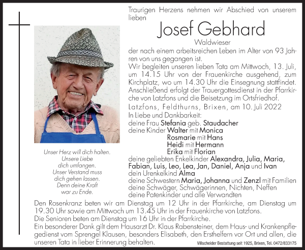 Traueranzeigen Von Josef Gebhard Trauer Bz