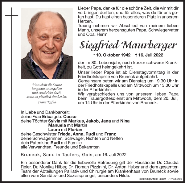 Traueranzeigen Von Siegfried Maurberger Trauer Bz