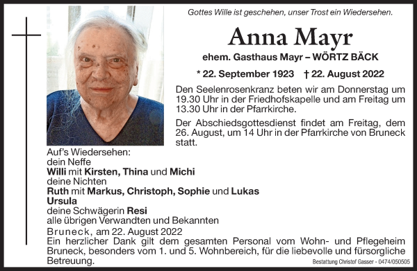 Traueranzeigen Von Anna Mayr Trauer Bz