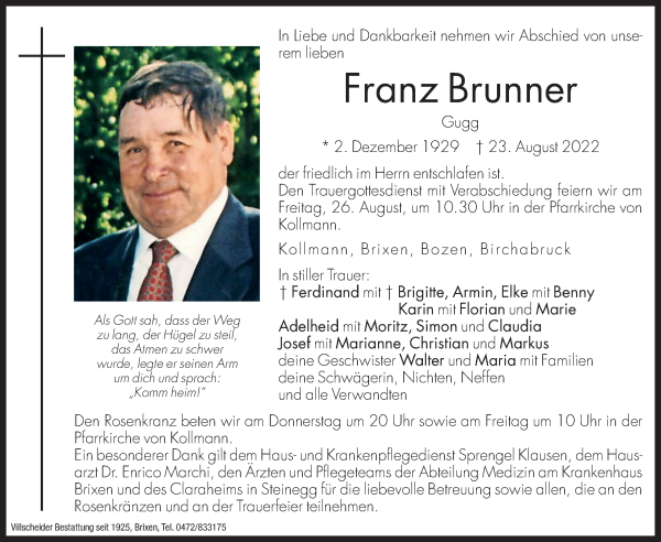 Traueranzeigen Von Franz Brunner Trauer Bz