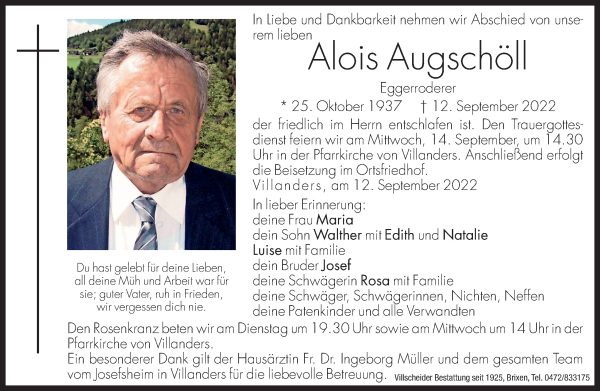 Traueranzeigen Von Alois Augsch Ll Trauer Bz