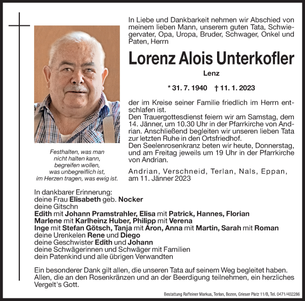 Traueranzeigen Von Lorenz Alois Unterkofler Trauer Bz