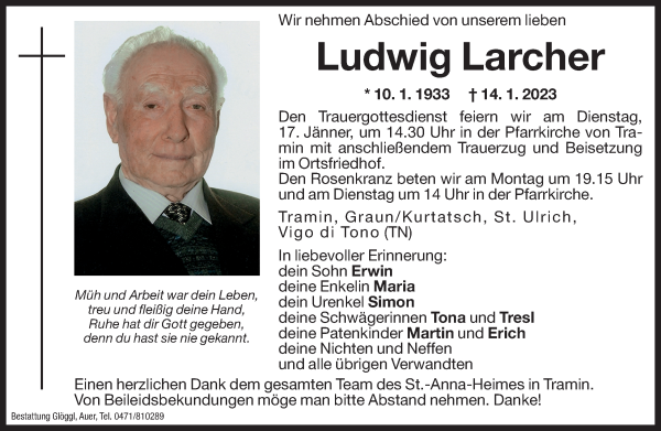 Traueranzeigen Von Ludwig Larcher Trauer Bz