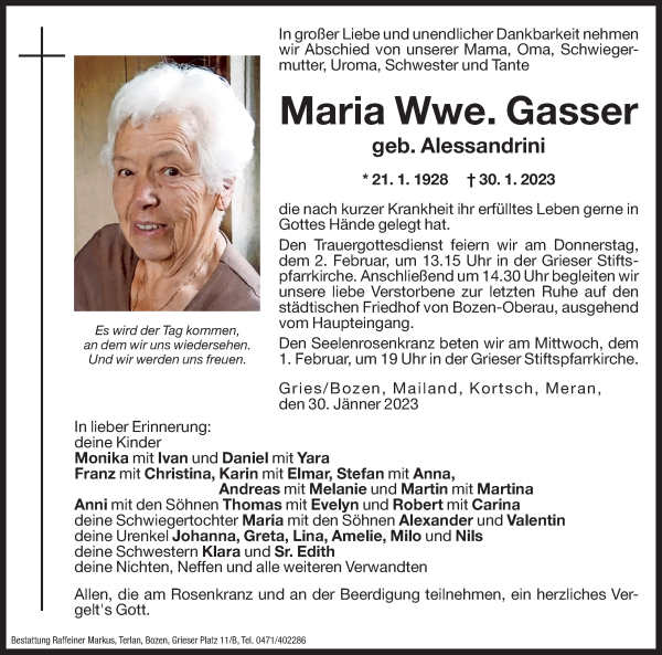 Traueranzeigen Von Maria Gasser Trauer Bz