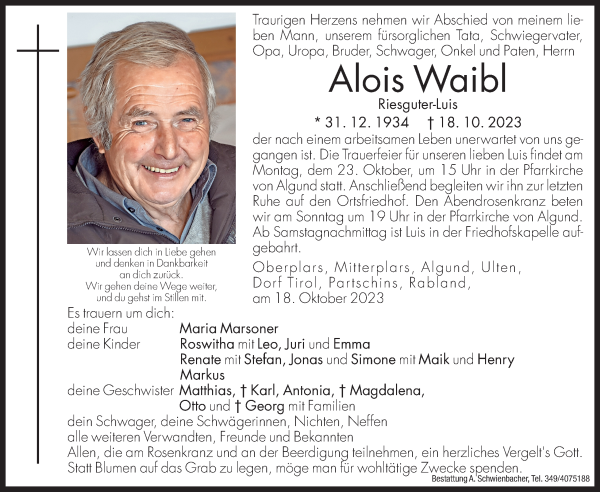 Traueranzeigen Von Alois Waibl Trauer Bz