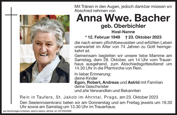 Traueranzeigen Von Anna Bacher Trauer Bz