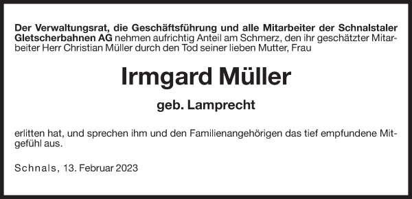 Traueranzeigen von Irmgard Müller Trauer bz