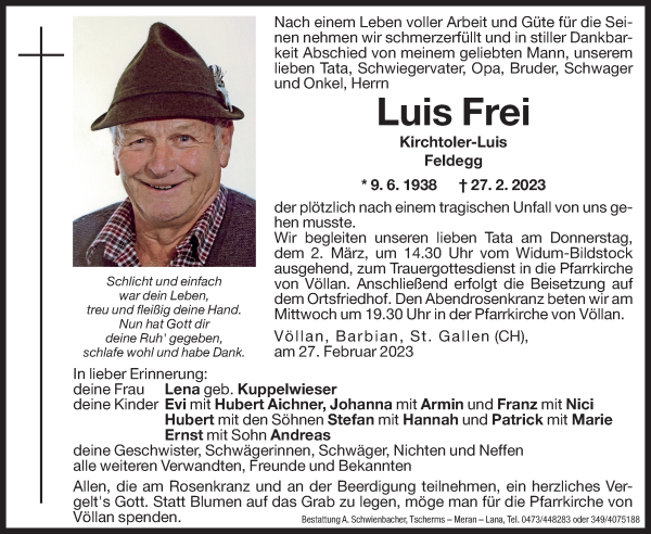 Traueranzeigen Von Luis Frei Trauer Bz