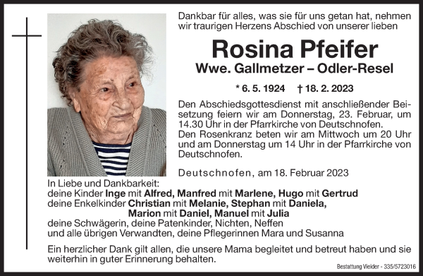 Traueranzeigen Von Rosina Gallmetzer Trauer Bz